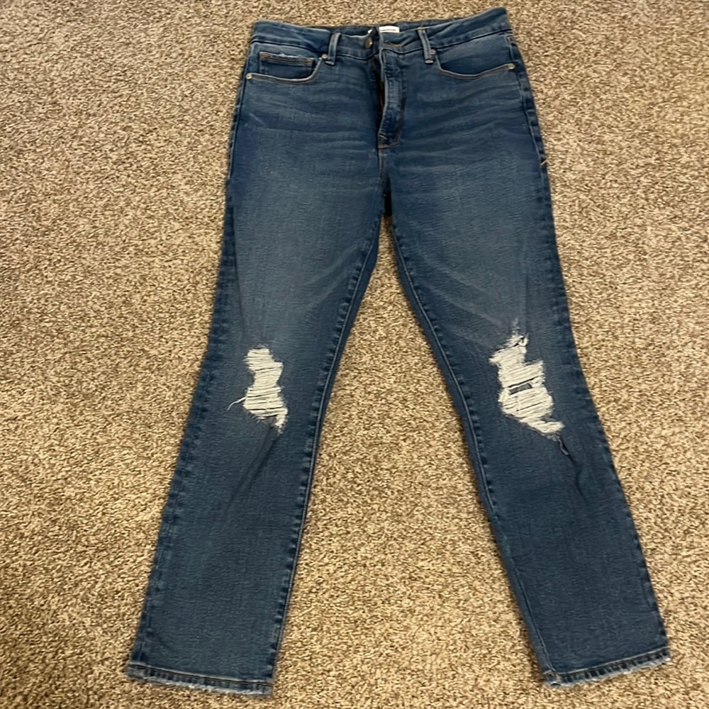 Good American High Rise Straight Leg Distressed Jeans, Size 8